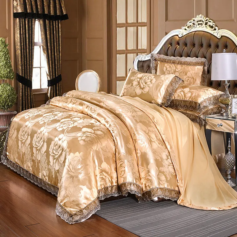 Golden Silk Cotton Luxury Satin Jacquard Bedding Set Queen King Size W