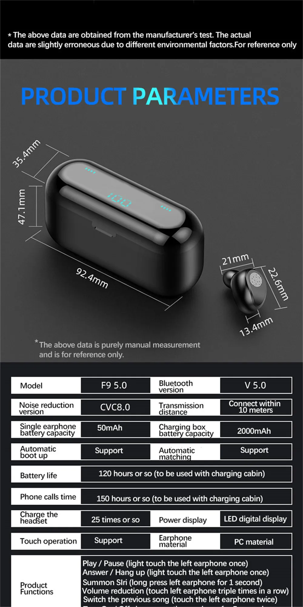 F9 TWS Wireless Bluetooth Earphone Headphones Sport Touch Mini Earbuds Stereo Bass Headset