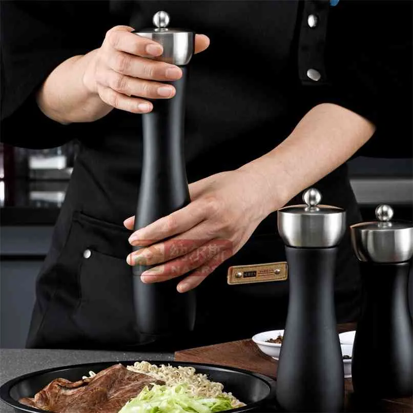 Black Wood Pepper Mill Grinding 304 Stainless Steel Manual Grinder Birch Ceramic Core Kitchen Tool 210712