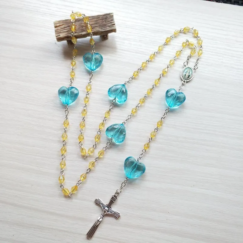 Collana Rosario Cristallo Giallo Cuore Blu Ciondolo Croce Gesù Gioielli Religiosi Per Donna