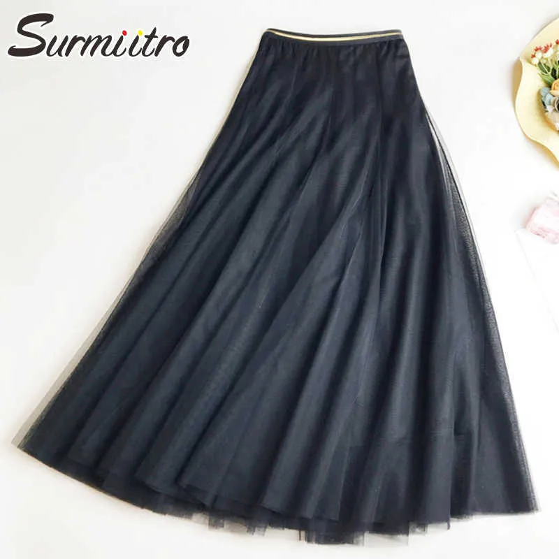 Surmiitro super kvalitet 3 lager lång tulle kjol kvinnor damer koreanska stil svart rosa hög midja pläterad midi kjol kvinna 210712