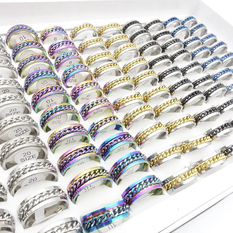 Vente en gros 100pcs / lot bagonnées en acier inoxydable Bagues d'essai en acier inoxydable rotative Titanium Chains Spinner Openier Fashion Bijoux Favoris Favoris Mélanger 5 couleurs