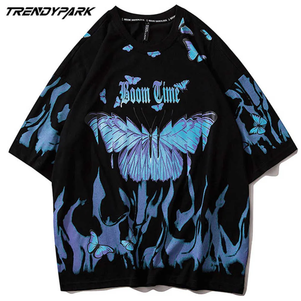 メンズTシャツ蝶の炎の中の蝶の半袖ヒップホップ特大コットンカジュアル原宿ストリートウェアトップスTee Tシャツ210601