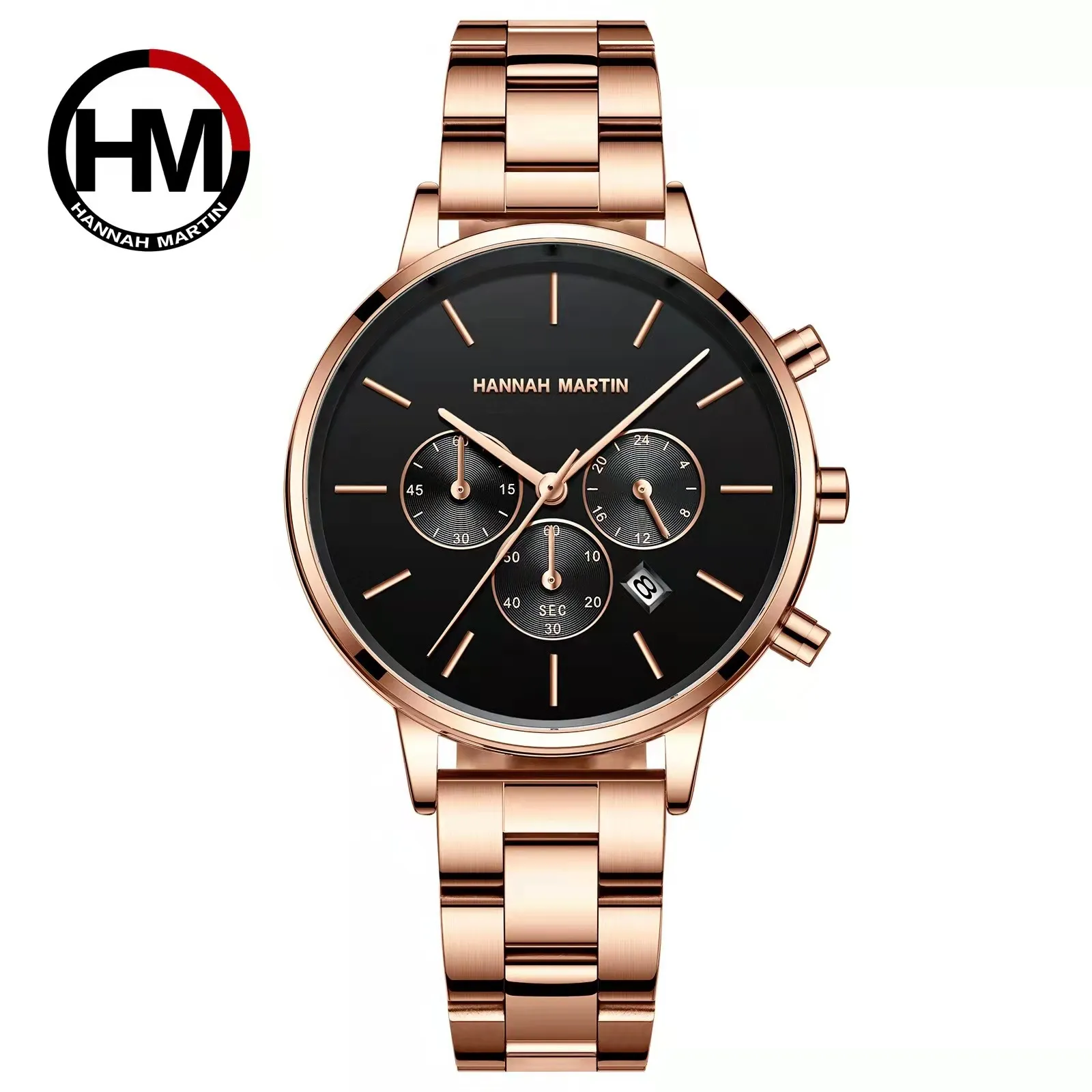 2022 Japanse Quartz Beweging Herenhorloge 3 Kleine Plaat Modemerk HM Hannah Martin Dames Horloges Elegant Simple Recreatie Waterdichte Roestvrijstalen horloge