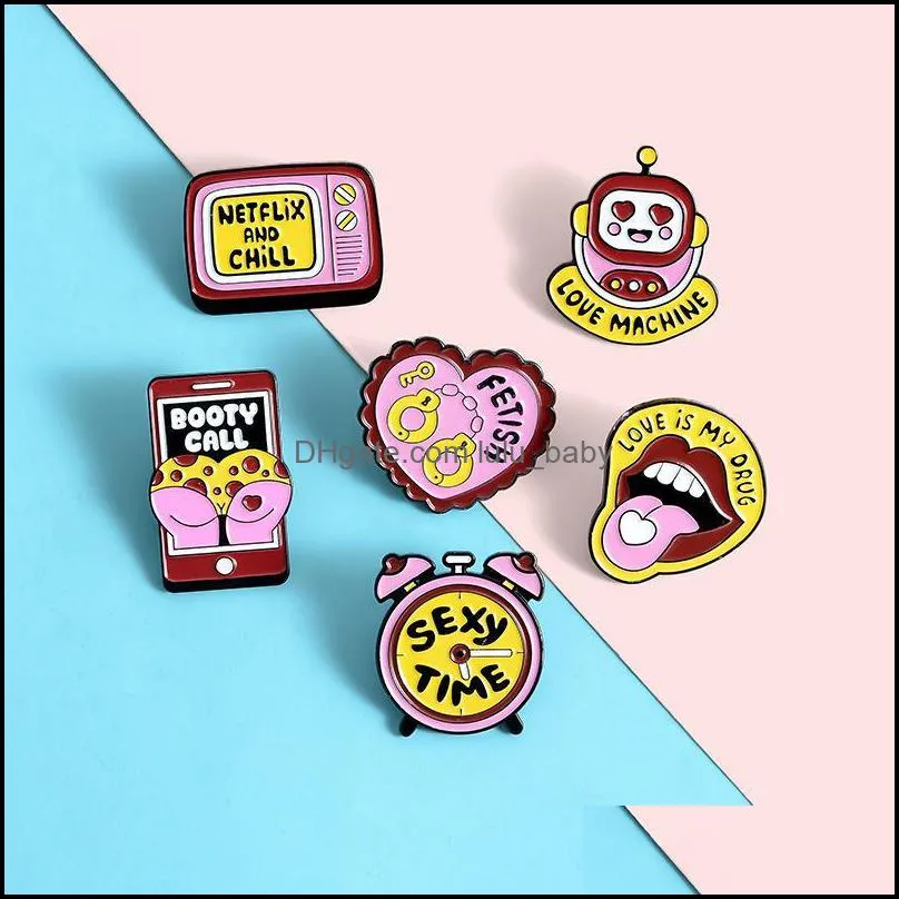 Pins, Brooches Pink Yellow Enamel Pin TV Robot Clock Lips BuHeart Badge Custom Lapel Jeans Shirt Bag Fashion Jewelry Gift