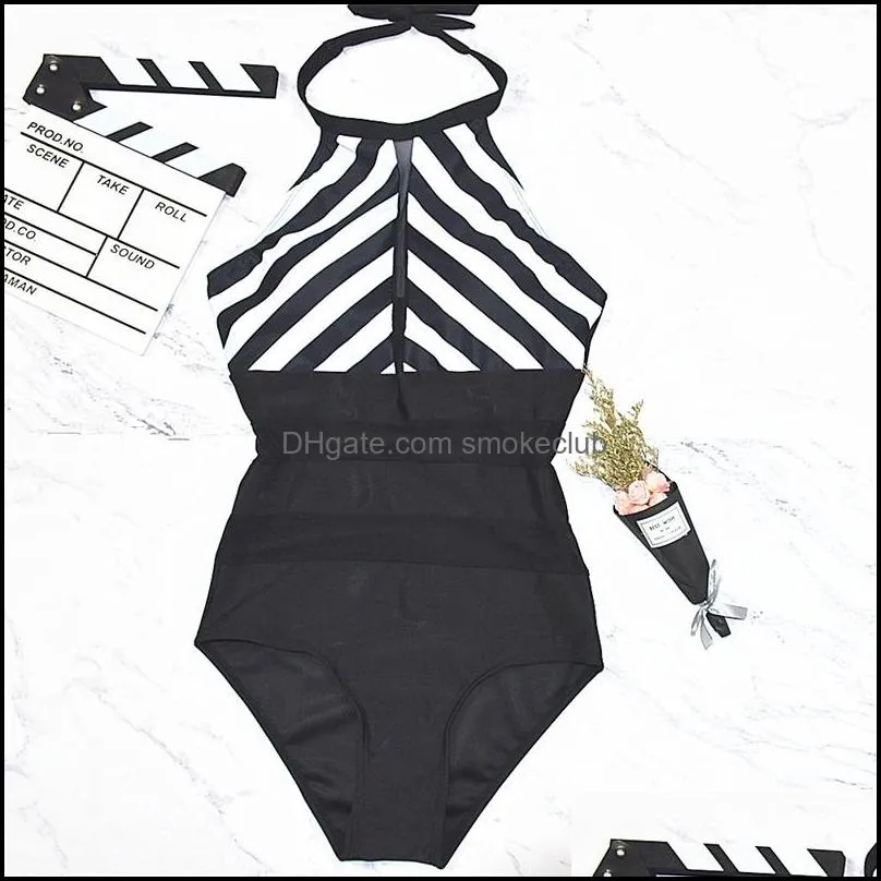 Sexy Black Mesh Stripe One Piece Swimwear Women One-piece Swimsuit Plus size Trikini Swim Suit Monokini swiming Womens Swim Wear 1325