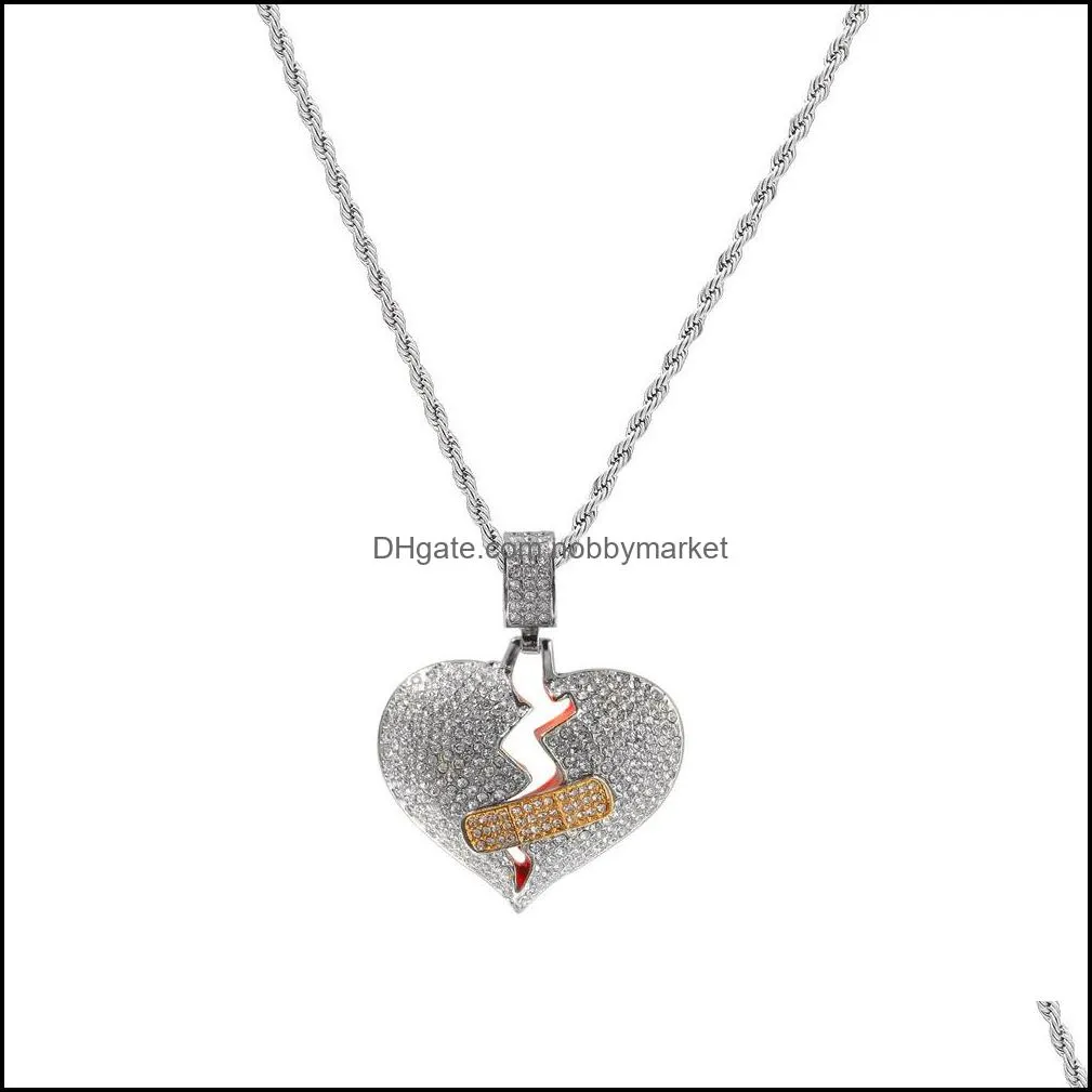 Broken Bandage Heart Necklaces Men`s Bling Crystal Iced out Love Pendant Gold Silver Twisted chain For women Hip hop Jewelry