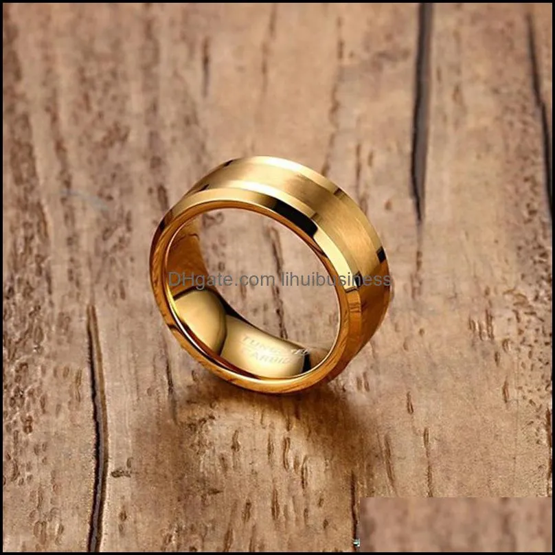 Mens Rings 8MM Tungsten Carbide Gold-color Finger Ring for Men Engagement Wedding Bands Comfort Fit Fashion Jewelry anillos anel Y1128