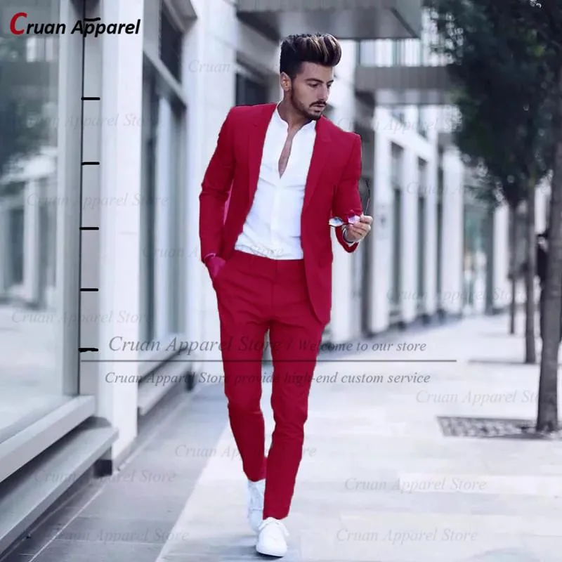 Męskie Garnitury Blazers 2022 Najnowsze Red Wedding Groom Set Formalne Purpurowe Groomsmen Mężczyźni Tuxedos Moda Slim Outfit Blazer Spodnie 2 sztuk Męska tkanina