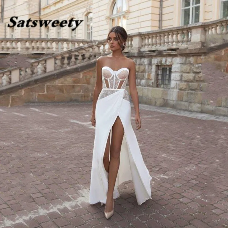 Plaża Syrenka Suknie Ślubne Sweetheart Neck Koronki Panna Młoda Suknia Sexy Side Split Satin Vestido de Novia 2022