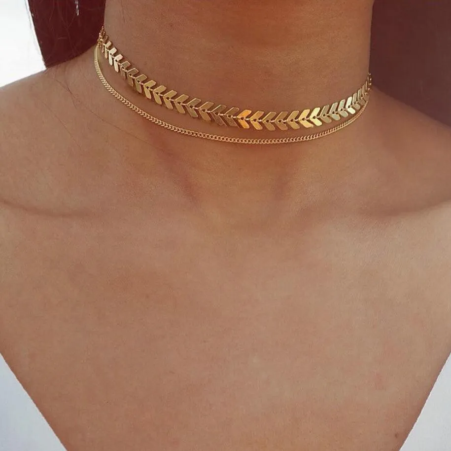 Womans Fish Bone Choker Ожерелья Женские Цепные Любители Золотой Цвет Модный Корейский цинковый Сплав Простое Двухслойное Ожерелье Ювелирные Изделия Choker