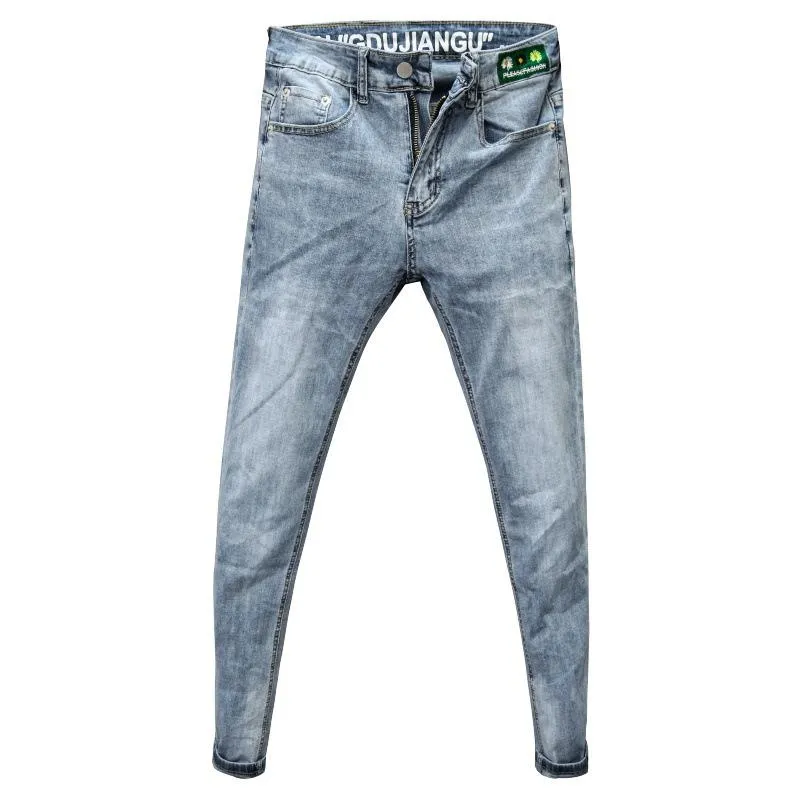 Мужские джинсы Джинсовые джинсы для мужчин 2021 брюки повседневные стиральные синие вышитые корейские моды мужские тонкие подростки карандаш брюки человека