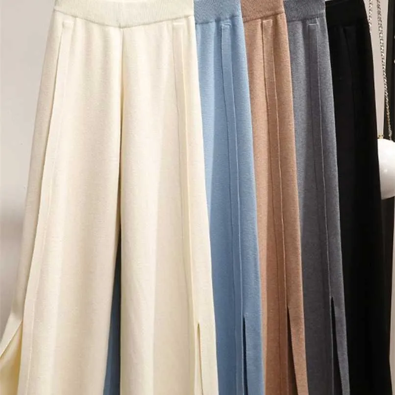 Surmiitro mode höst vinter tjock knit lång brett benbyxor kvinnor koreanska stil vit split höga midja byxor kvinnliga 211112