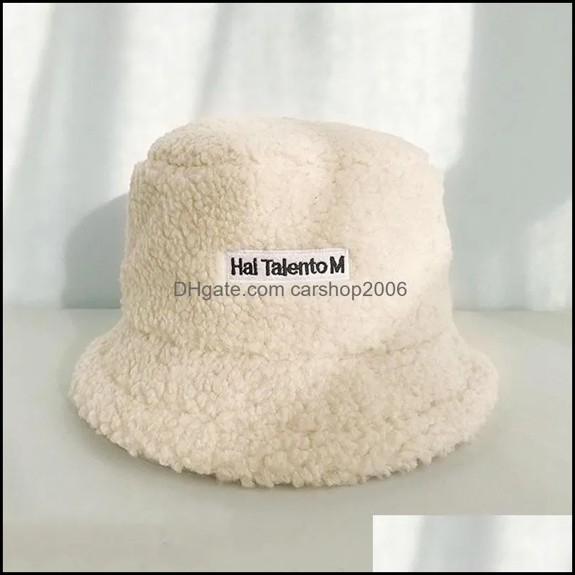 Lamb Wool Letter Women Solid Color Fisherman`s Hat Autumn Bucket Cap For Ladies Keep Warm Casual Female Flat Top Wide Brim Hats