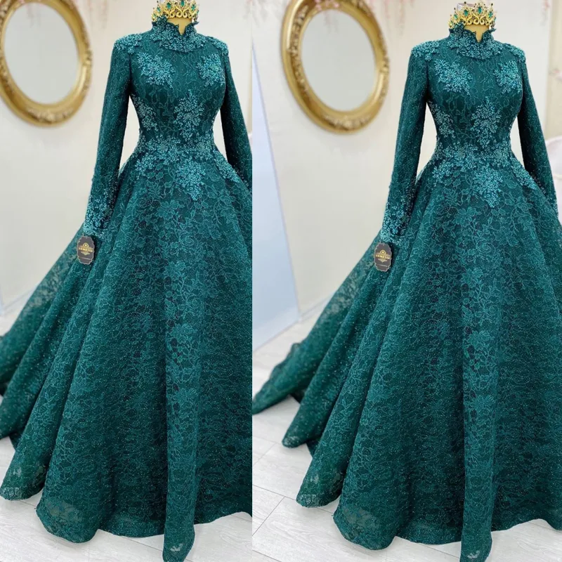 Teal Groene Formele Avondjurken Beaded Lace Ball Toga Engagement Gowns High Collar Lange Mouw Arabische Dubai Turkije Speciale Gelegenheden Jurk