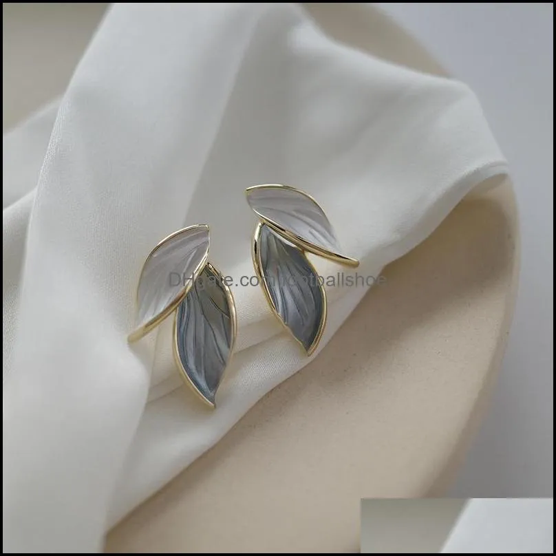 Enamel Double Leaf Stud Earrings For Women Summer Simple Gold Plated Earring Fashion Jewelry Accessories