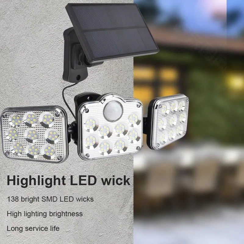 Lámparas de pared para exteriores Luz LED solar Sensor de movimiento Lámpara de jardín alimentada 3 cabezas Control remoto a prueba de agua para la calle