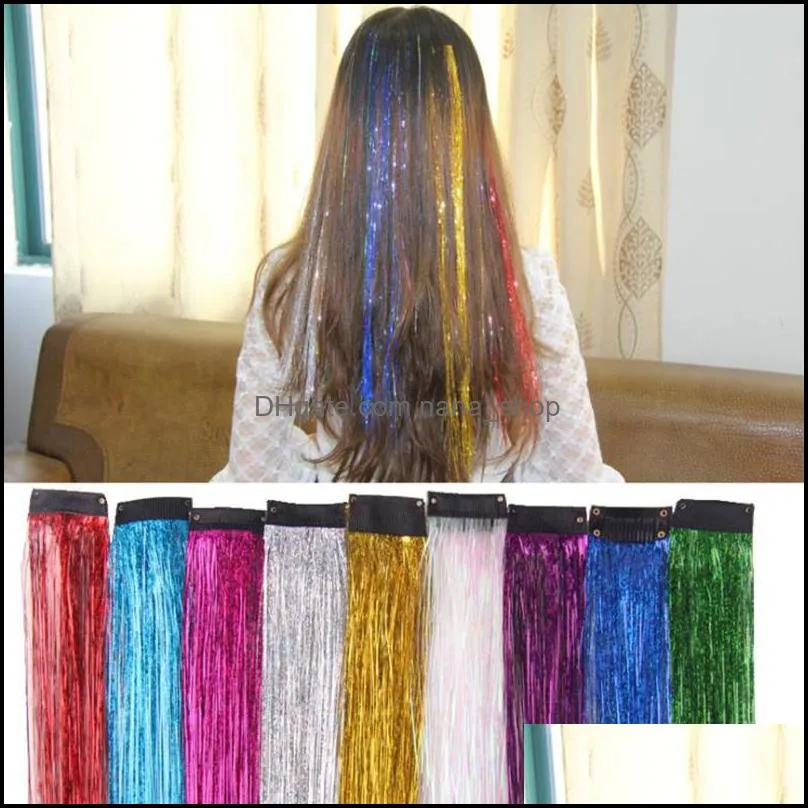 Glitter Hair Tinsel Sparkling Bling Rainbow False Hair Strands Highlight Synthetic Extension Clip Hairpiece For Lady Women Party Fast