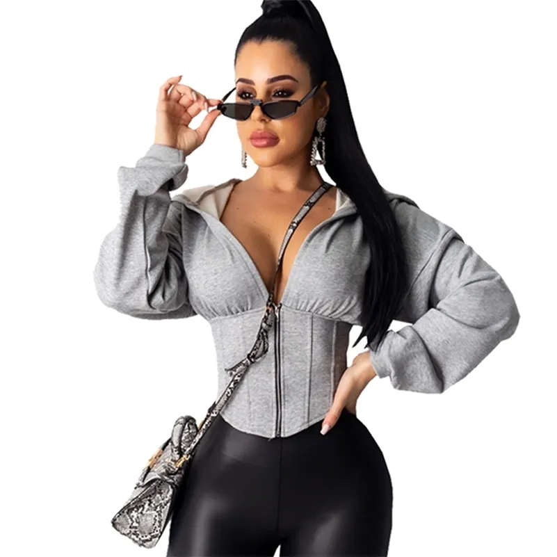 Solid Gray Hooded Crop Top Women's Corset Sweatshirt Batwing Long Sleeve Women Hoodies Sexy Autumn Fashion Female Clothes 211008