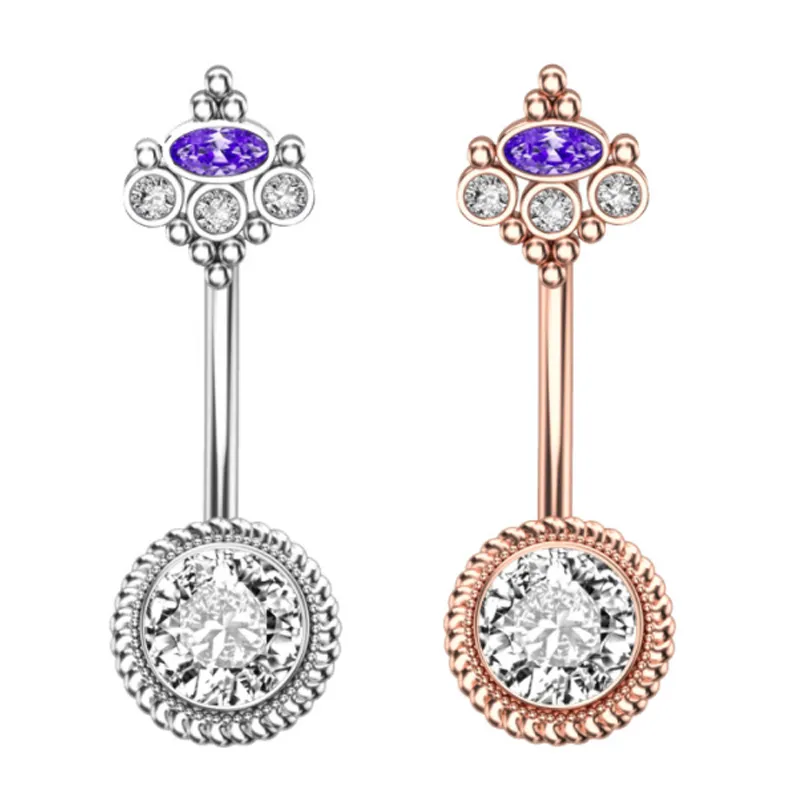 Anneau de nombril violet couronne CZ acier chirurgical nombril haltère avec bijoux de piercing Zircon pour femmes