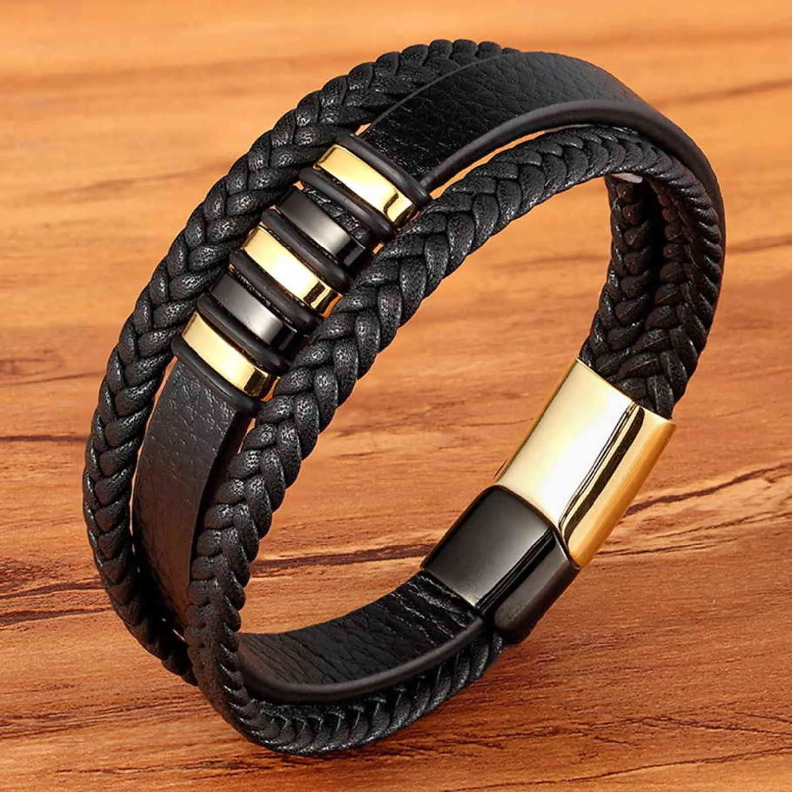 New 3 Layers Black Gold Punk Style Design Genuine Leather Bracelet for Men Steel Magnetic Button Birthday Gift Male Bracelets