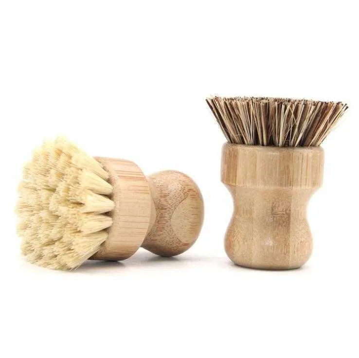 Handheld Wooden Brush Round Handle Pot Brush Sisal Palm Dish Bowl Pan Cleaning Brushes Kitchen Chores Rub Cleaning Tool LXL1109-1