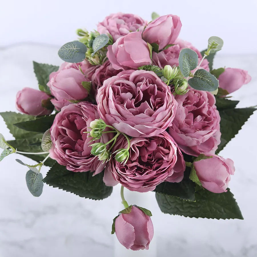 30cm Rose Pink Silk Peony Artificial Flowers Bouquet 5 Big Head and 4 Bud Cheap Fake Flowers for Home Wedding Decoration Indoor