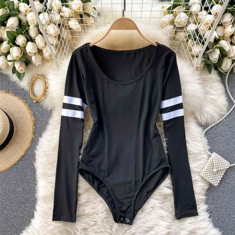 Striped Long Sleeve Bodysuit for Women Casual Streetwear Rompers Fashion O-neck Slim Stretch Outfits Overalls 210603