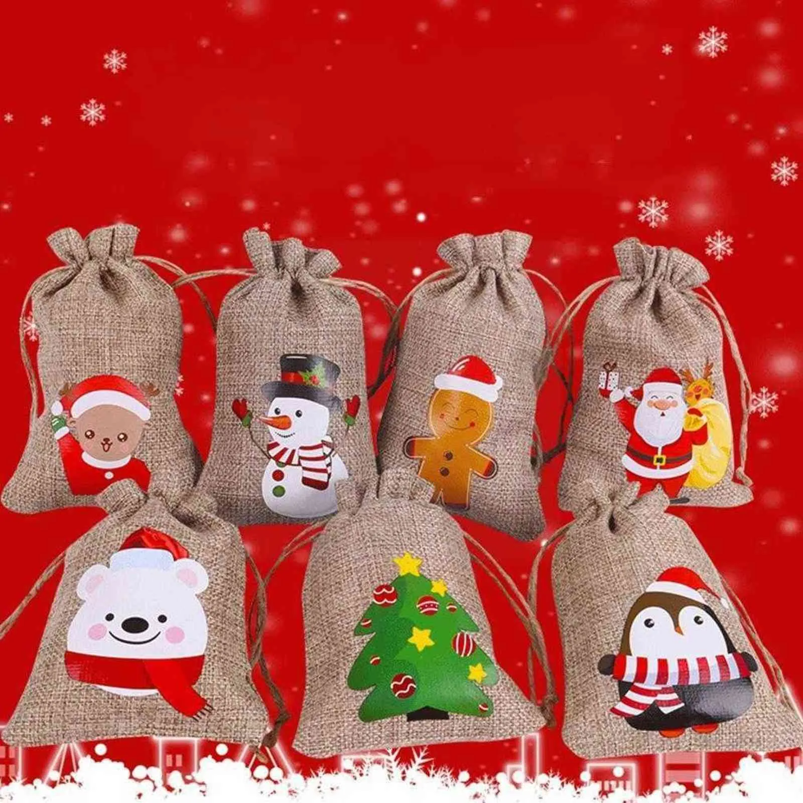 1pc Jute Bags Christmas Gift Drawstring Pouch Cotton Linen Packaging for Jewelry Candy Storage Sack Burlap b F6e8