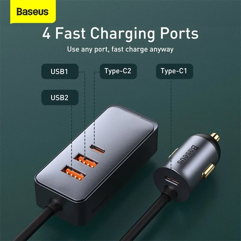 Baseus 120W Car QC 3.0 PD 3.0 Puerto USB rápido tipo C para cargador de teléfono Samsung iphone Huawei