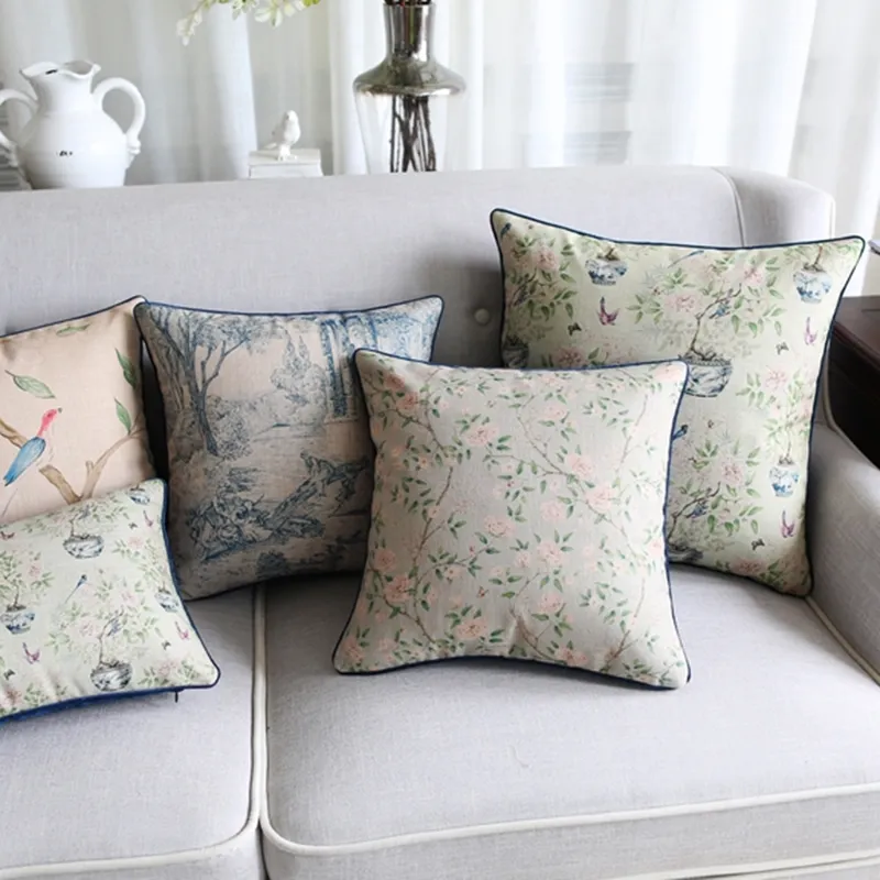 En gros velours doux / coton lin coussin couverture style campagnard shabby chic floral rose bleu maison taie d'oreiller décorative 45x45cm 210315