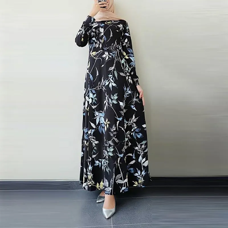 Casual Dresses Fashion Women Retro Dubai Long Sleeve Floral Printed Hijab  Turkey Dress Round Neck Maxi Vestidos Robe Musulman#g3