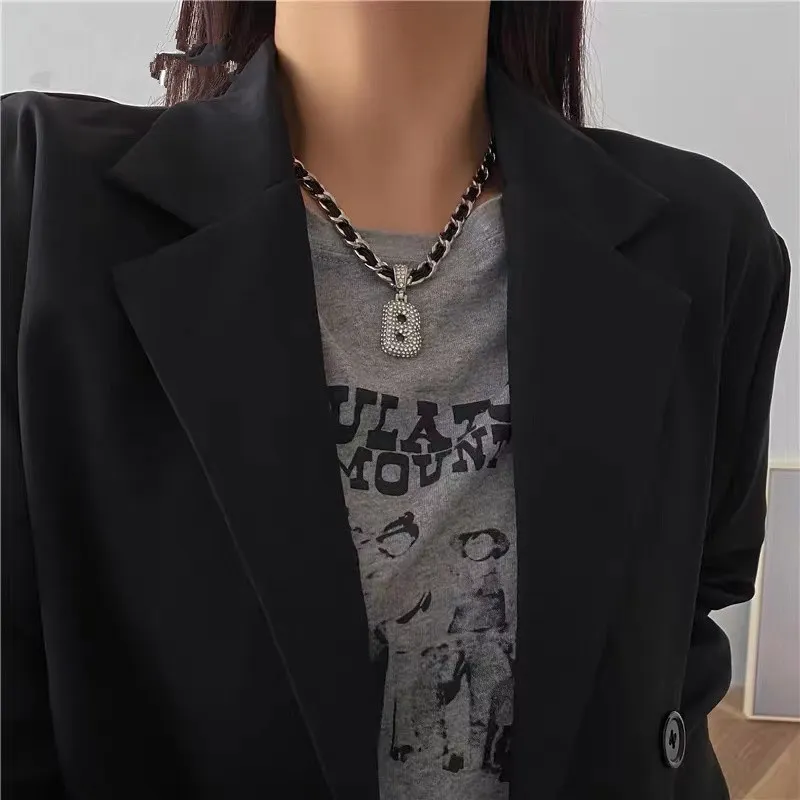 TIMEONLY Japan Fashion Black Leather Metal Wave Pendant for Women Ladies Bling Rhinestones B Neckalces Jewelry