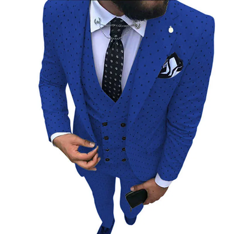 Nya Mäns Poika Dot Suit 3-stycken Blå kostym med byxa Designs Notch Lapel Tuxedos Groomsmen för bröllop / Party (Blazer + Vest + byxor) x0608