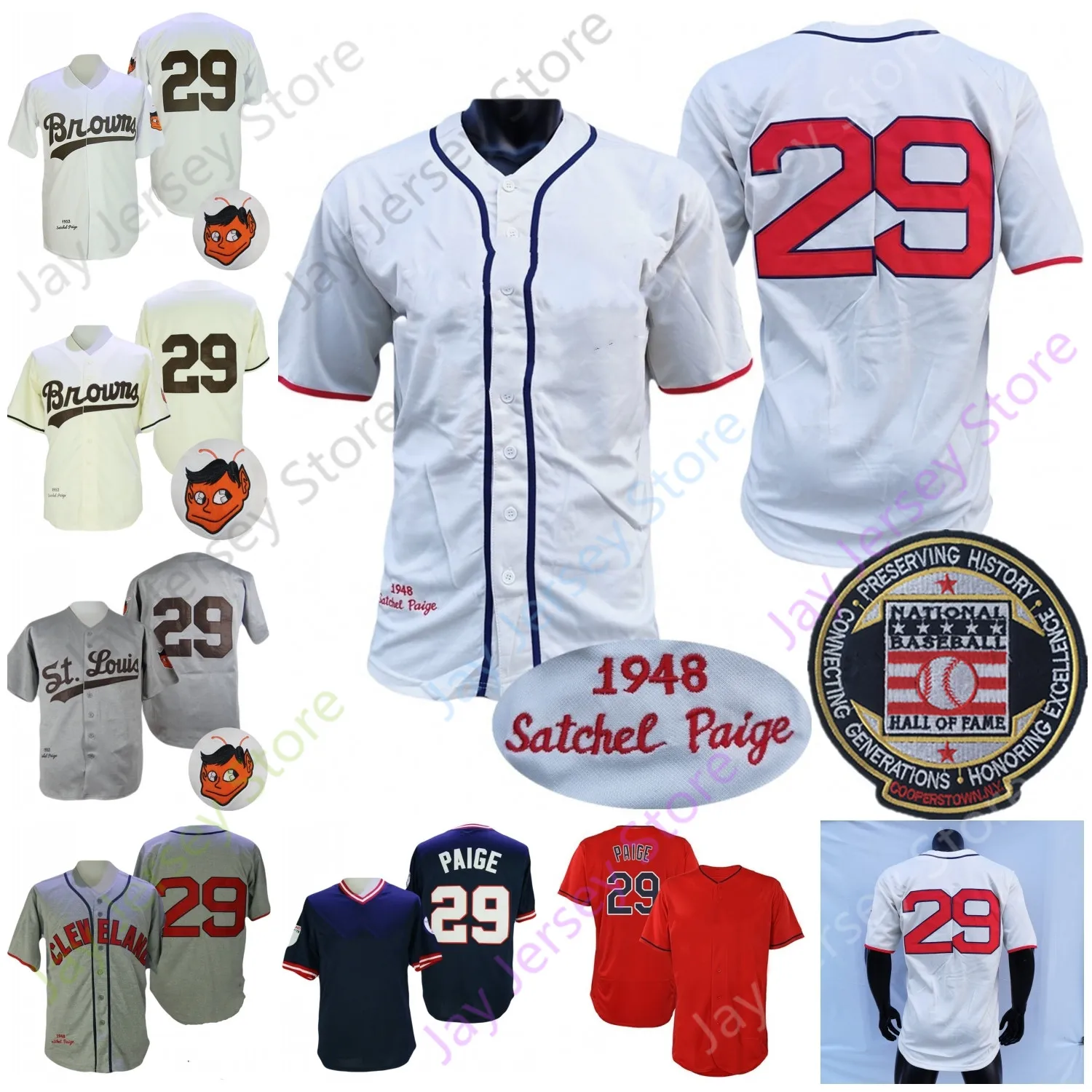 Maglie da baseball Satchel Paige Jersey Retro Vintage 1948 1953 Grey Cream Navy Red Player Pullover Hall Of Fame Patch Home Way Taglia S-3XL