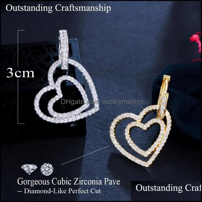 Hoop & Huggie CWWZircons Micro Pave Cubic Zirconia Cute Double Heart Shape Earrings For Women 2021 Trendy Ear Jewelry CZ960
