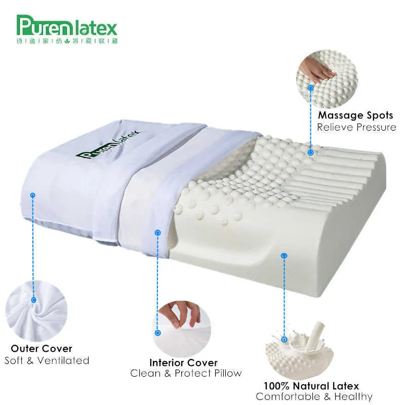 PurenLatex 60x40 Thailand Pure Natural Latex Pillow Remedial Neck Protect Vertebrae Health Care Orthopedic Pillow Slow Rebound SH190925