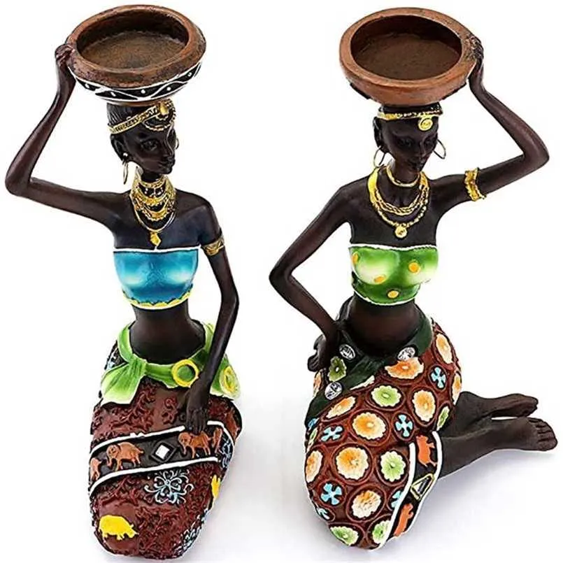 Statue Sculpture Candleholder African Figurines 8.5" Candle Holder For Dining Room Decoration Desk Accessories Minimalist Decor 211108