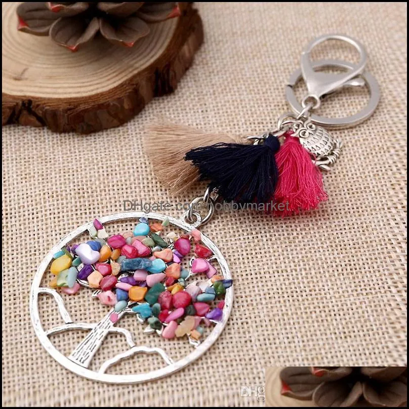 Natural Stone Tree of Life key ring Owl Tassel keychain holders Bag Hangs Fashion Will and Sandy Drop Ship