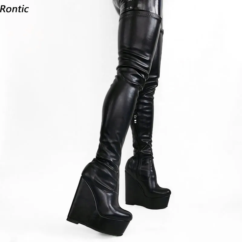 Rontic Individuele Maatwerk Vrouwen Lente Stretch Dij Laarzen Wiggen Hakken Ronde Neus Elegante Zwarte Cosplay Schoenen Amerikaanse Maat 5-20