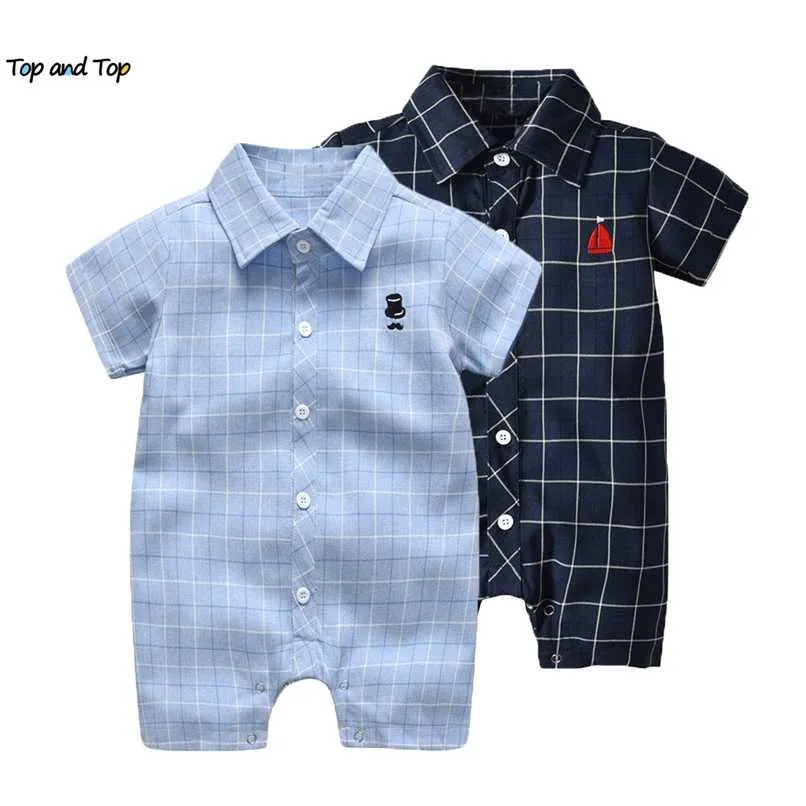 top and Summer Baby Boy Gentleman Romper Infant Short Sleeve Casual Plaid Jumpsuit Toddler Boys Formal Outfits 211011
