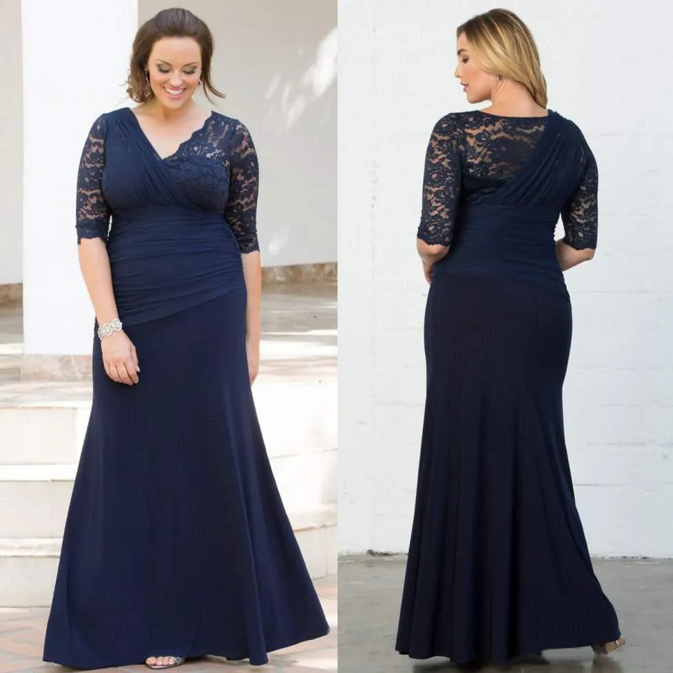 Blue Navy Lace Plus Size Plus Size Evening Dresses with Half Sleeves and V-Neckline - Elegant Mermaid Style in Chiffon Fabric