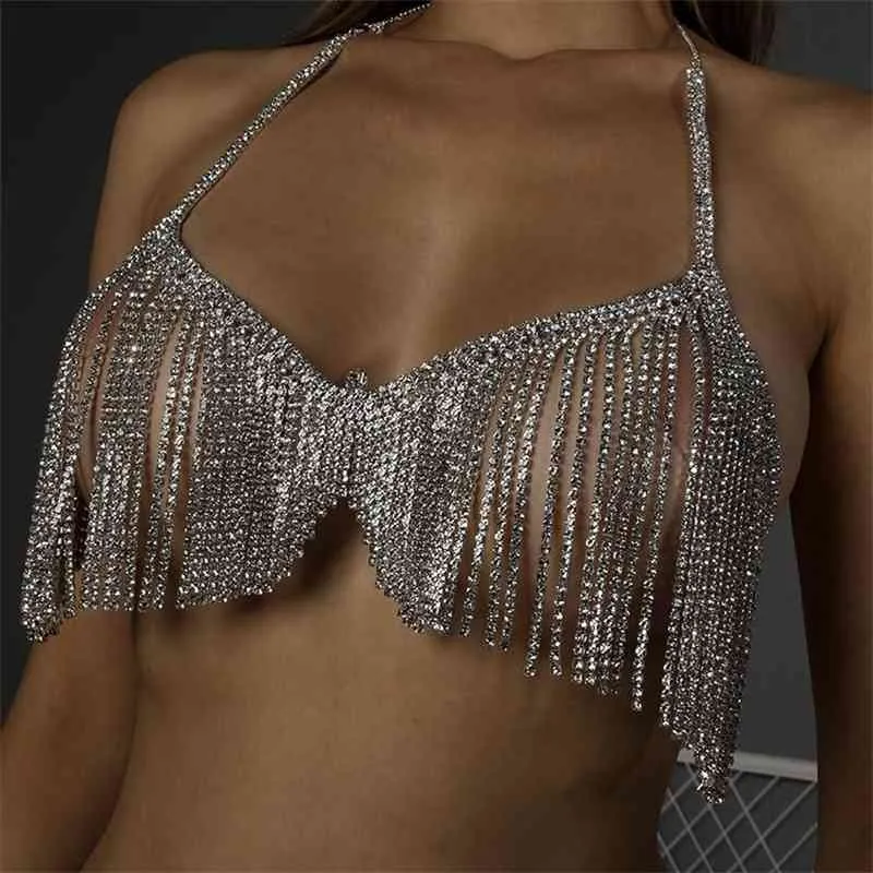 GLAMing Bling Kristall-BH-Halskette, Bikini-Unterwäsche-Kettengeschirr für Frauen, Strass-Quasten-Körperketten, Rave-Outfit-Schmuck