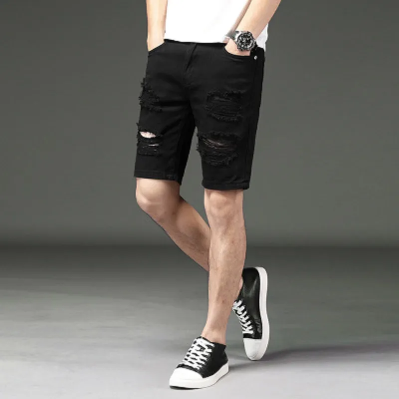 Mens Designer Biker Black Ripped Shorts Mens With Ripped Holes