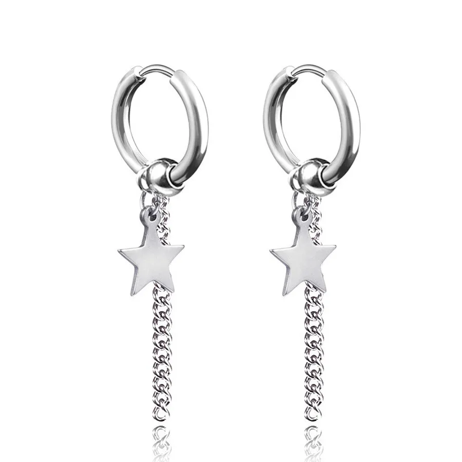 Stainless Steel Chain Pentagram Earrings dangle Clip on Hoop Earrings stud rings for Women Men Hip Fine Hop Fashion Jewelry Will and Sandy