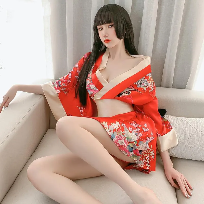 Ethnic Clothing Fashion Japanese Style Cosplay Costumes Kimono Uniform Temptation Deep V Printing Sexy Harajuku Outfit Mini Dress 2021