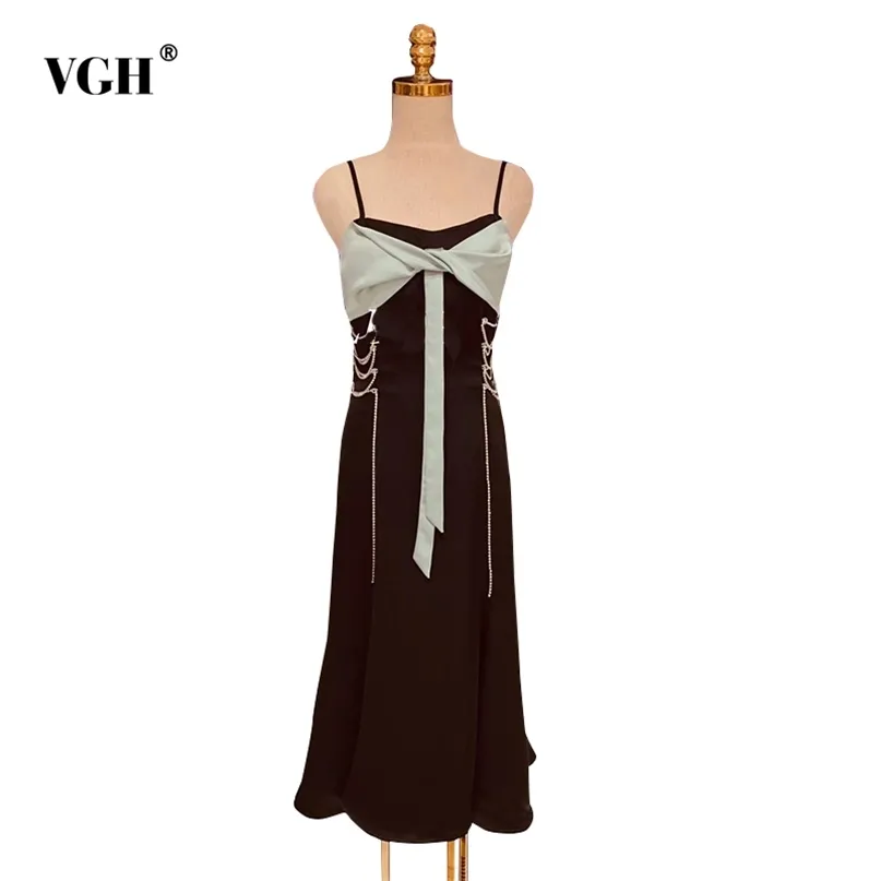 Hollow Out Patchwork Elegant Dress For Women Square Collar Sleeveless High Waist Ankle Length Dresses Female Summer 210531