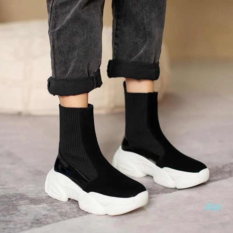 Wholesale-Boots Asumer Sneakers 2021 Est Knitting Ankle Women Round Toe Suede Leather Autumn Winter Flat Casual