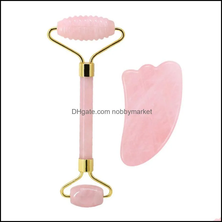 Quartz Face Rose Roller Pink Crystal Jade Designer Massage Tool Guasha Board Scraper Set Massager with Spikes 8IOP