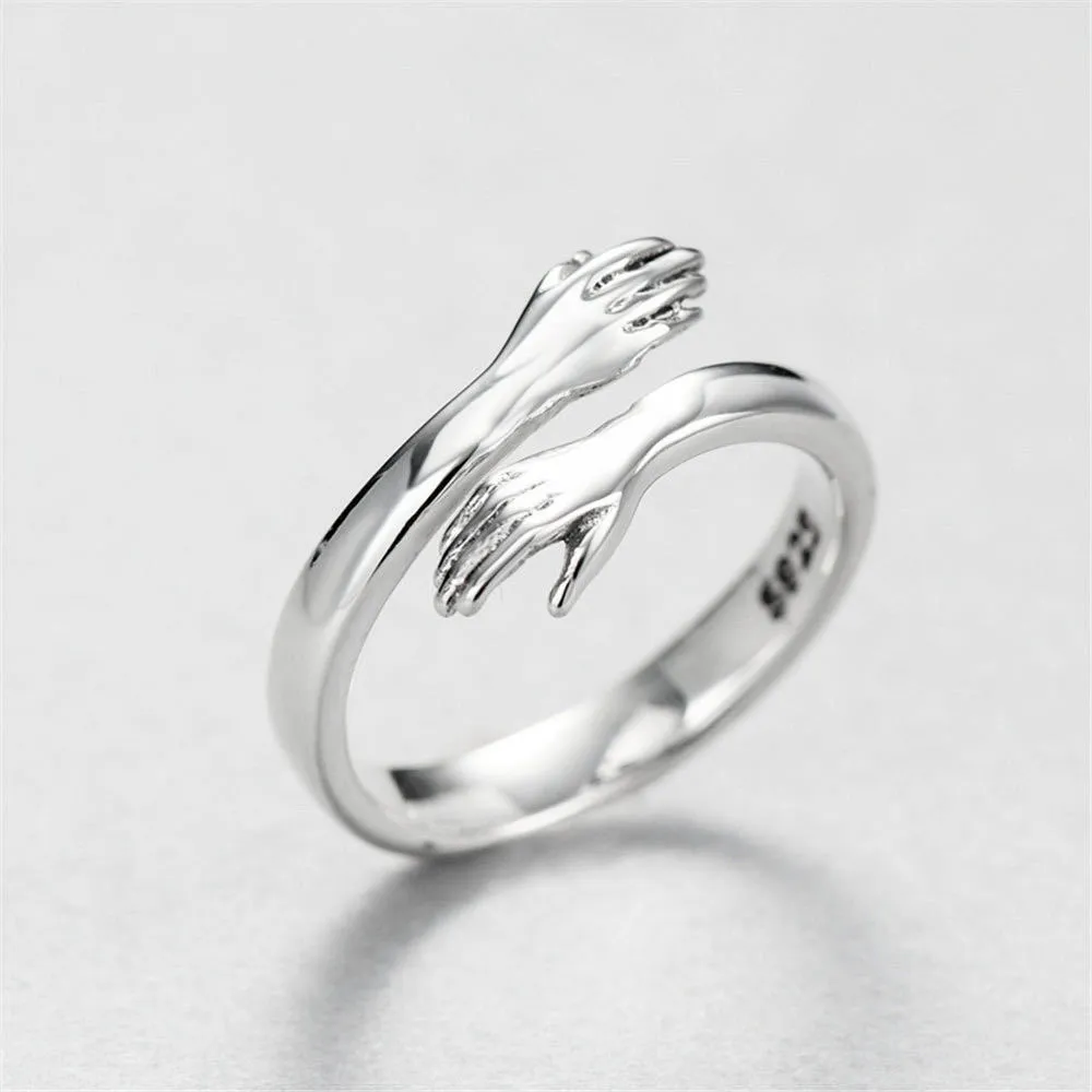 Hugging Hands Rings Silver Hands Embrace Open Rings Adjustable Couple Hug Rings Romantic Lover Wedding Ring Jewelry